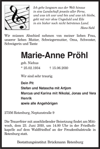 Traueranzeige von Marie-Anne Pröhl von KREISZEITUNG SYKE