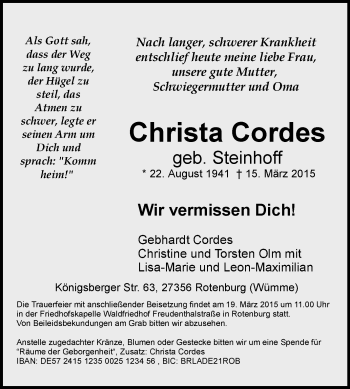 Traueranzeige von Christa Cordes von KRZ