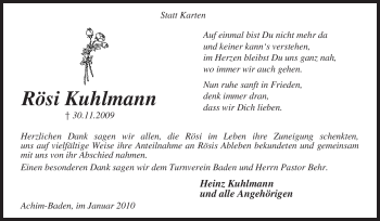 Traueranzeige von Rösi Kuhlmann von KREISZEITUNG SYKE