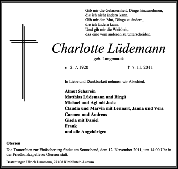 Traueranzeige von Charlotte Lüdemann von KREISZEITUNG SYKE