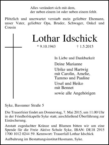Traueranzeige von Lothar Idschick von KRZ
