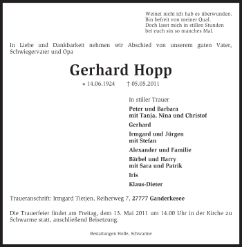 Traueranzeige von Gerhard Hopp von KREISZEITUNG SYKE