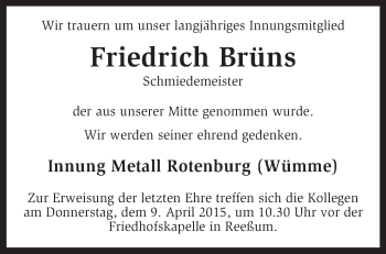 Traueranzeige von Friedrich Brüns von KRZ