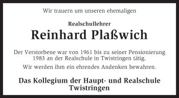 Traueranzeige von Reinhard Plaßwich von KREISZEITUNG SYKE