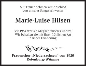 Traueranzeige von Marie-Luise Hilsen von KREISZEITUNG SYKE