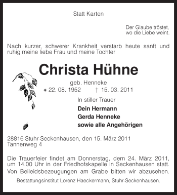 Traueranzeige von Christa Hühne von KREISZEITUNG SYKE