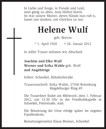 Traueranzeige von Helene Wulf von KREISZEITUNG SYKE