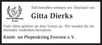 Traueranzeige von Gitta Dierks von KREISZEITUNG SYKE