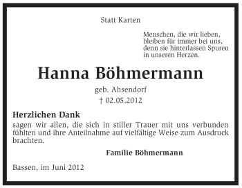 Traueranzeige von Hanna Böhmermann von KREISZEITUNG SYKE