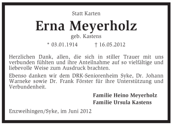 Traueranzeige von Erna Meyerholz von KREISZEITUNG SYKE