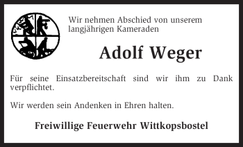 Traueranzeige von Adolf Weger von KREISZEITUNG SYKE