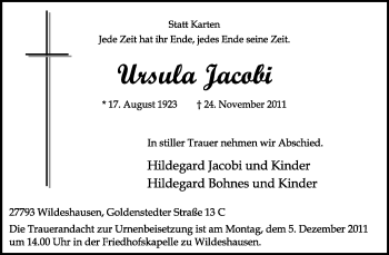 Traueranzeige von Ursula Jacobi von KREISZEITUNG SYKE