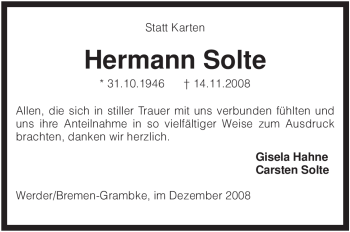 Traueranzeige von Hermann Solte von KREISZEITUNG SYKE