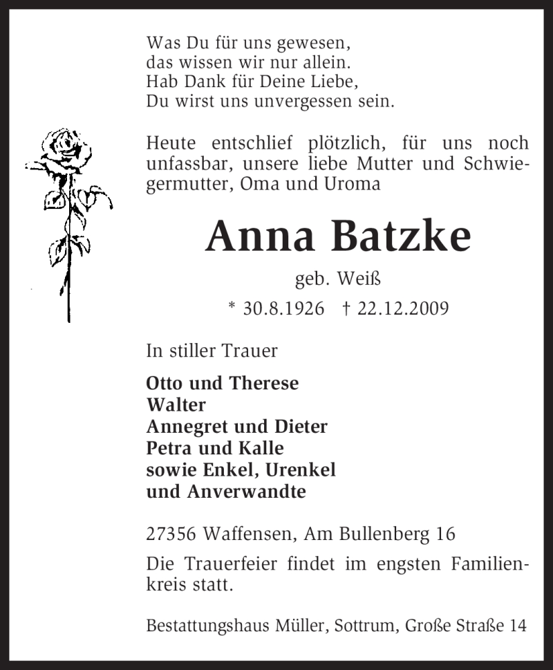  Traueranzeige für Anna Batzke vom 24.12.2009 aus KREISZEITUNG SYKE