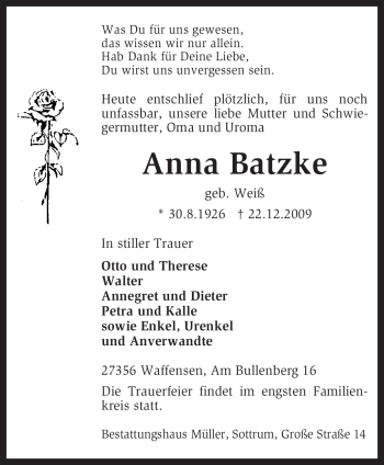 Traueranzeige von Anna Batzke von KREISZEITUNG SYKE