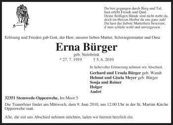 Traueranzeige von Erna Bürger von KREISZEITUNG SYKE