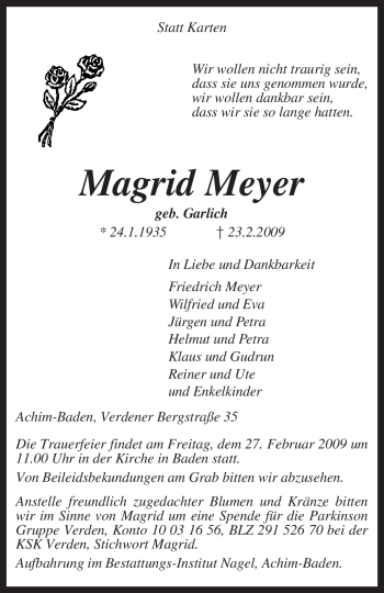 Traueranzeige von Magrid Meyer von KREISZEITUNG SYKE