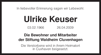 Traueranzeige von Ulrike Keuser von KREISZEITUNG SYKE