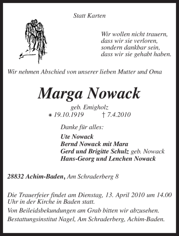 Traueranzeige von Marga Nowack von KREISZEITUNG SYKE