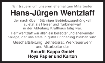 Traueranzeige von Hans-Jürgen Wentzlaff von KREISZEITUNG SYKE