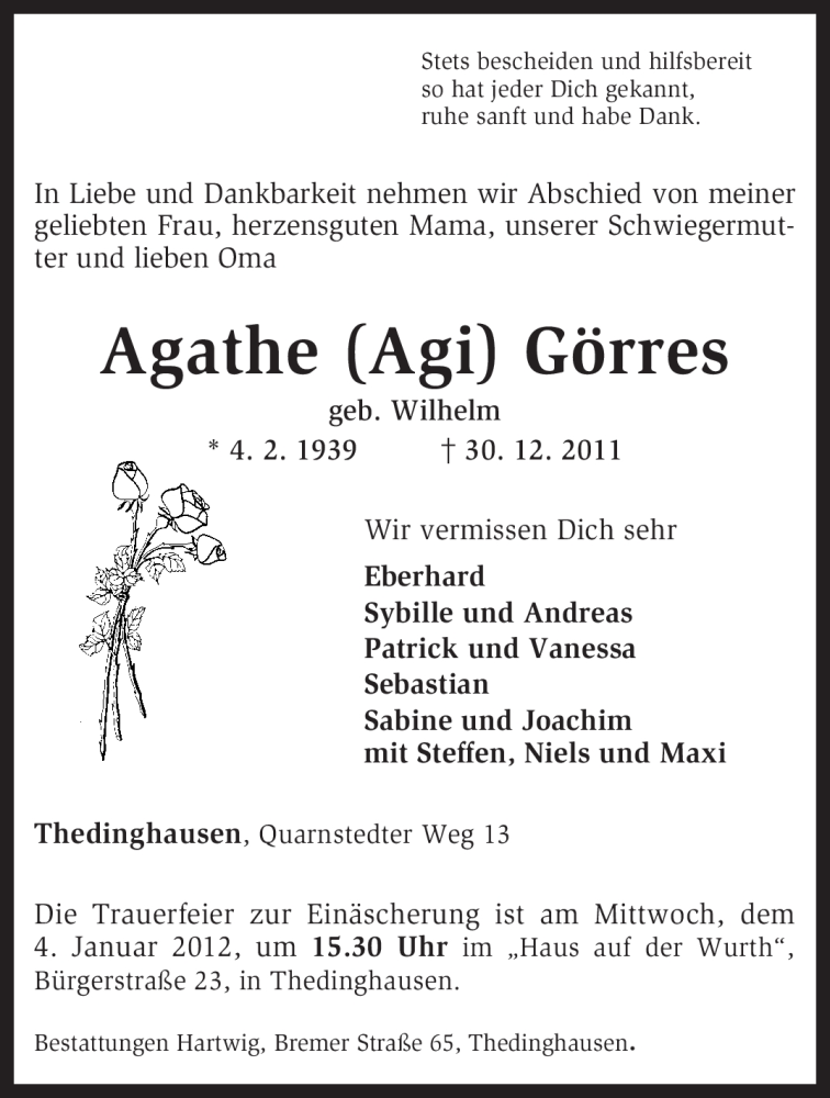  Traueranzeige für Agathe Görres vom 02.01.2012 aus KREISZEITUNG SYKE