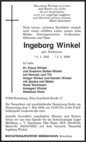 Traueranzeige von Ingeborg Winkel von KREISZEITUNG SYKE