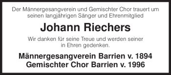 Traueranzeige von Johann Riechers von KREISZEITUNG SYKE