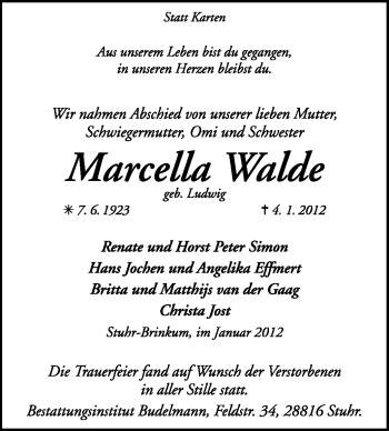 Traueranzeige von Marcella Walde von KREISZEITUNG SYKE