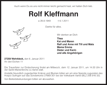 Traueranzeige von Rolf Kleffmann von KREISZEITUNG SYKE