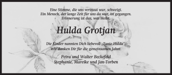 Traueranzeige von Hulda Grotjan von KREISZEITUNG SYKE