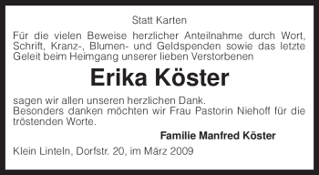 Traueranzeige von Erika Köster von KREISZEITUNG SYKE