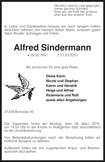 Traueranzeige von Alfred Sindermann von KREISZEITUNG SYKE