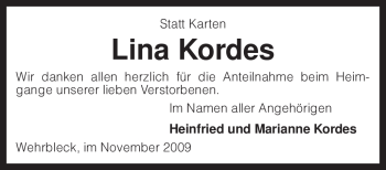 Traueranzeige von Lina Kordes von KREISZEITUNG SYKE