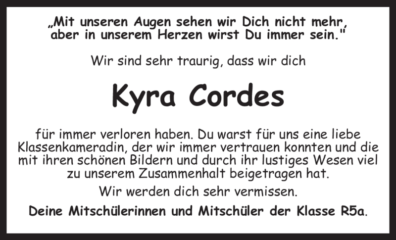  Traueranzeige für Kyra Cordes vom 12.01.2012 aus KREISZEITUNG SYKE