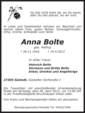 Traueranzeige von Anna Bolte von KREISZEITUNG SYKE