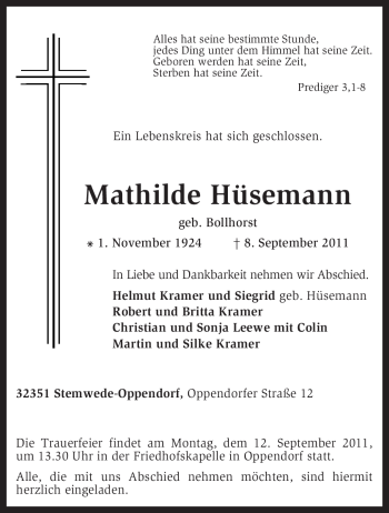 Traueranzeige von Mathilde Hüsemann von KREISZEITUNG SYKE