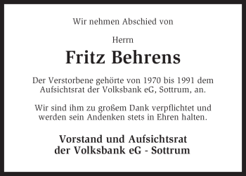 Traueranzeige von Fritz Behrens von KREISZEITUNG SYKE