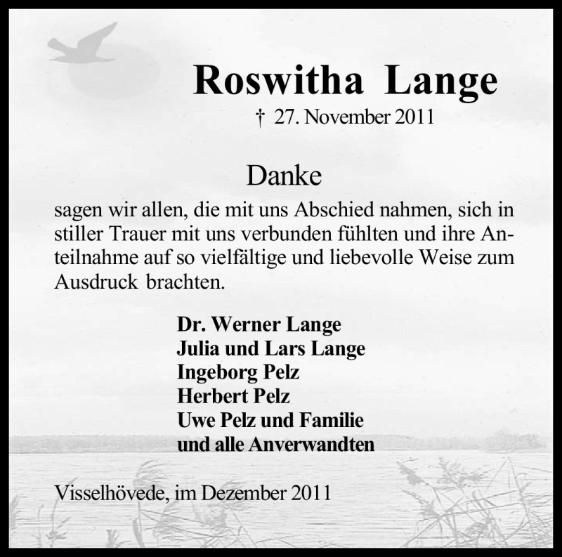  Traueranzeige für Roswitha Lange vom 27.12.2011 aus KREISZEITUNG SYKE