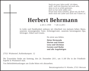 Traueranzeige von Herbert Behrmann von KREISZEITUNG SYKE