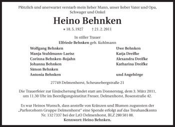 Traueranzeige von Heino Behnken von KREISZEITUNG SYKE