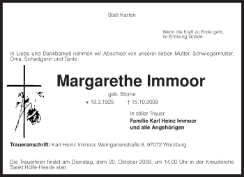 Traueranzeige von Margarethe Immoor von KREISZEITUNG SYKE