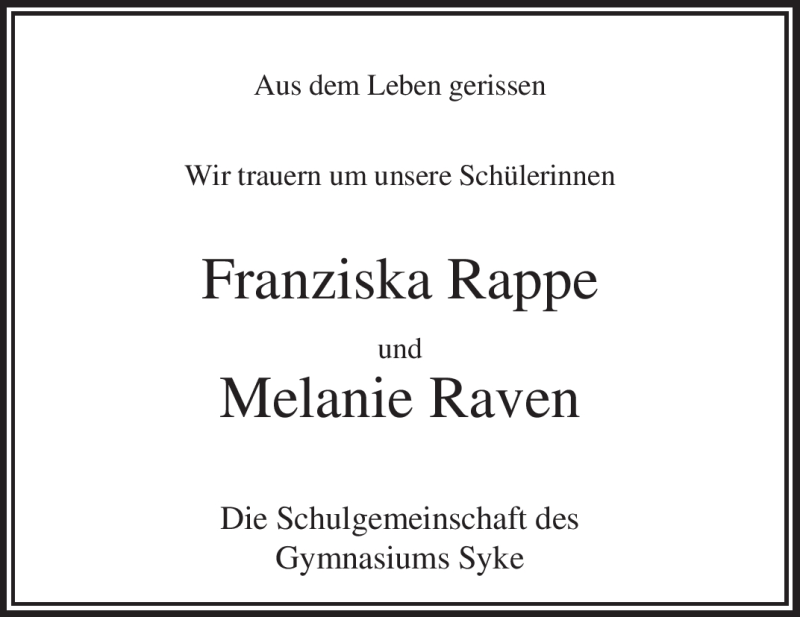  Traueranzeige für Melanie Raven vom 13.06.2009 aus KREISZEITUNG SYKE