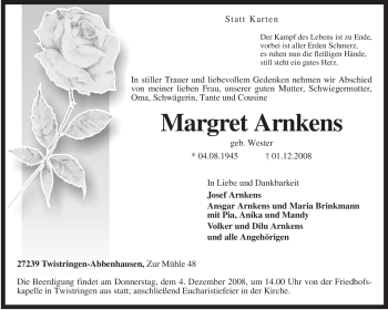 Traueranzeige von Margret Arnkens von KREISZEITUNG SYKE