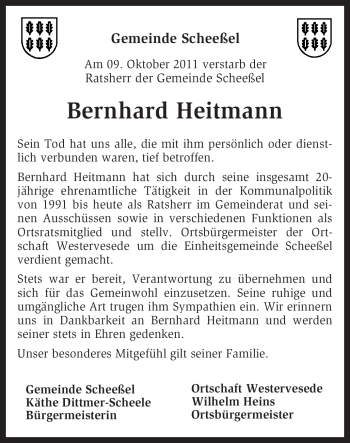 Traueranzeige von Bernhard Heitmann von KREISZEITUNG SYKE