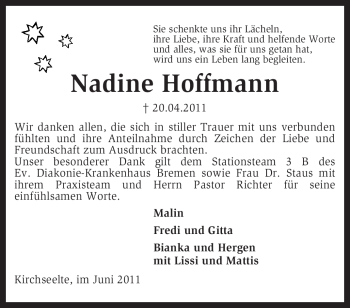 Traueranzeige von Nadine Hoffmann von KREISZEITUNG SYKE