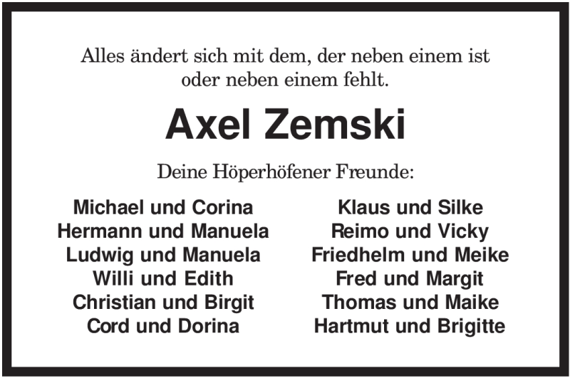  Traueranzeige für Axel Zemski vom 06.02.2009 aus KREISZEITUNG SYKE