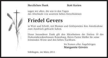 Traueranzeige von Friedel Gevers von KREISZEITUNG SYKE