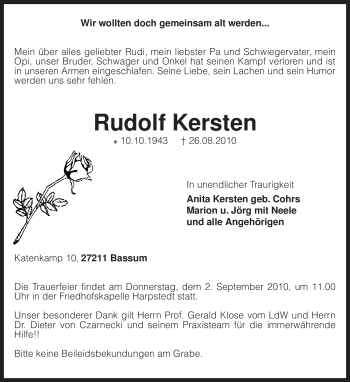 Traueranzeige von Rudolf Kersten von KREISZEITUNG SYKE