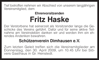 Traueranzeige von Fritz Haske von KREISZEITUNG SYKE