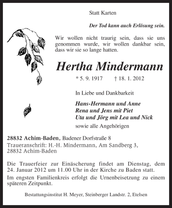 Traueranzeige von Hertha Mindermann von KREISZEITUNG SYKE